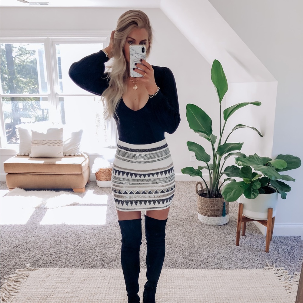 Express Aztec Pattern Sequin Stretch Mini Skirt